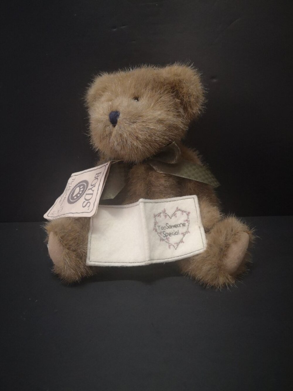 NWT Boyds Bears "Beary B Special" Jointed Plush Bear Brown w/ Green Bow 8"